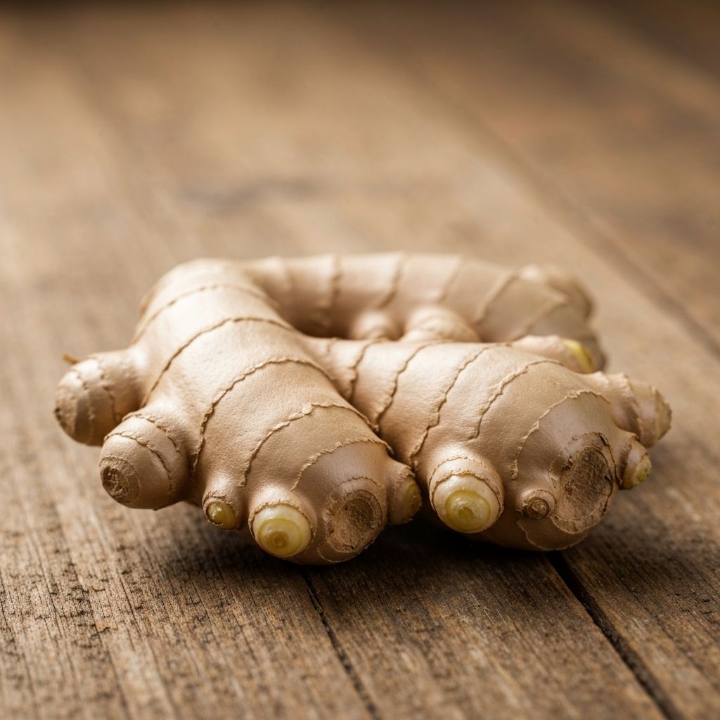 Fresh ginger root on wooden surface